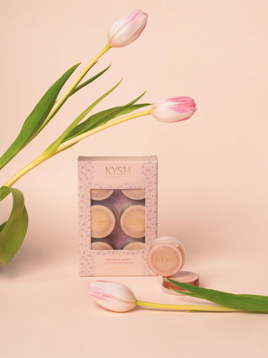 KYSH intimate wipes product with pink tulips on a beige background