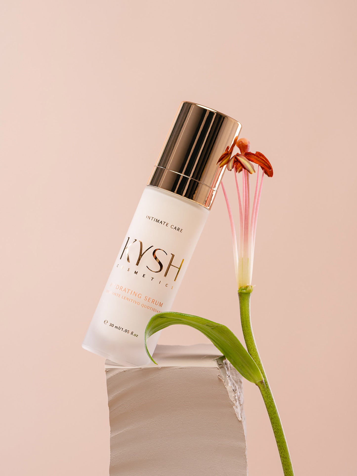 KYSH hydrating serum bottle with a flower on a beige background