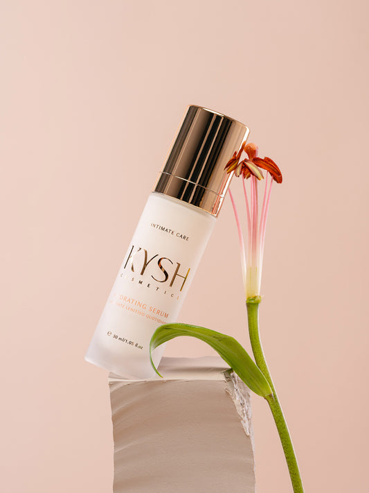 KYSH hydrating serum bottle with a flower on a beige background