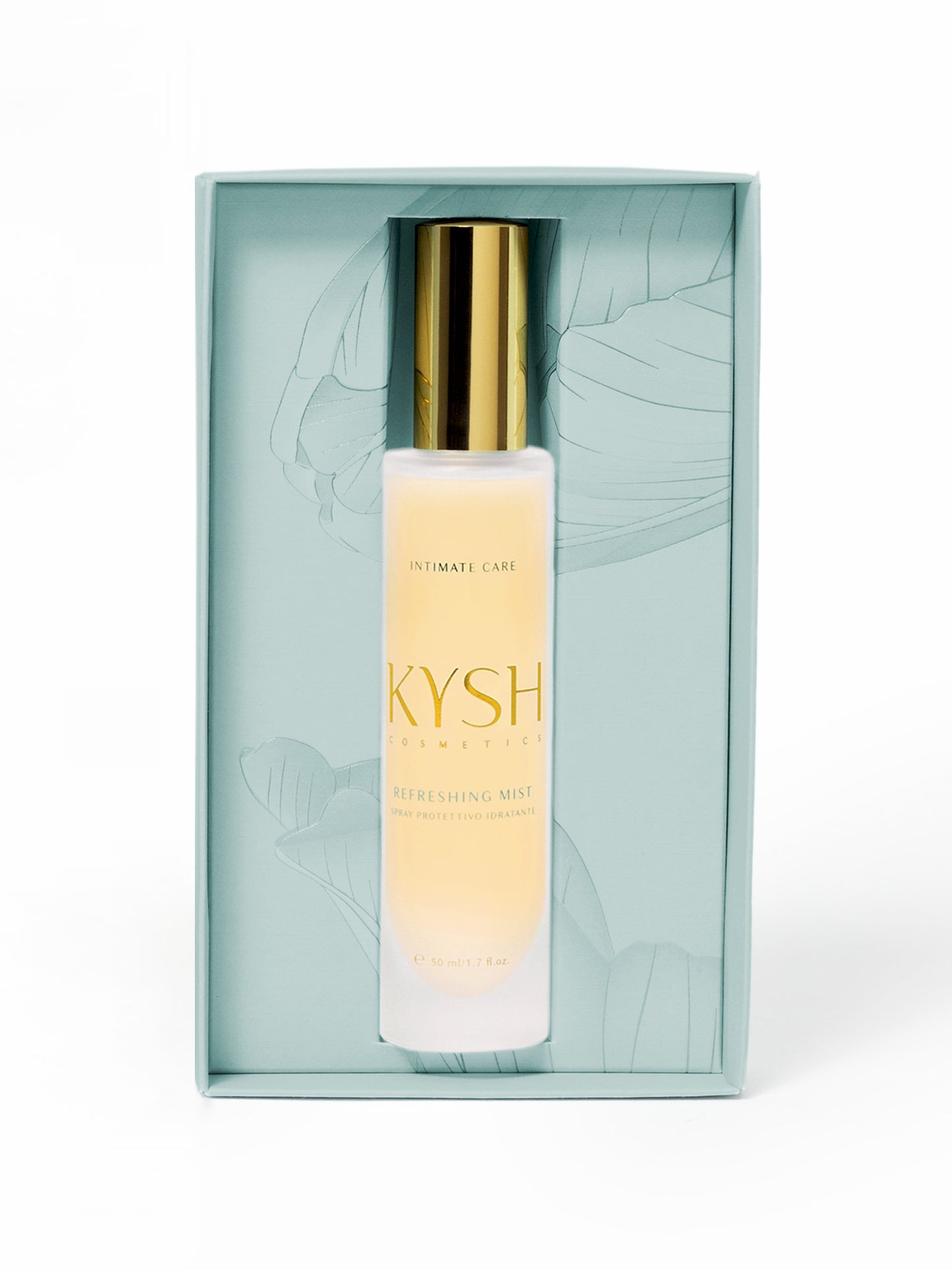 KYSH refreshing mist bottle in a decorative box on a white background